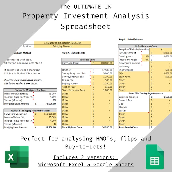 The Ultimate UK Property Investment Analysis Spreadsheet | HMO, Buy-to-Let, Flips | ROI & Net Calculator | Microsoft Excel and Google Sheets