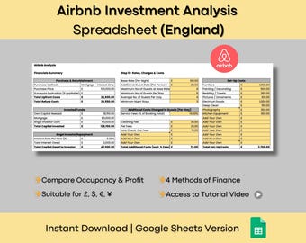 Airbnb Investment Analysis Spreadsheet (England): Google Sheets (Digital Download)
