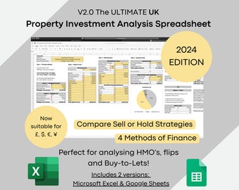 V2.0 The Ultimate UK Property Investment Analysis Spreadsheet | HMO, Buy-to-Let, Flips, BRRR | Microsoft Excel Version & Google Sheets