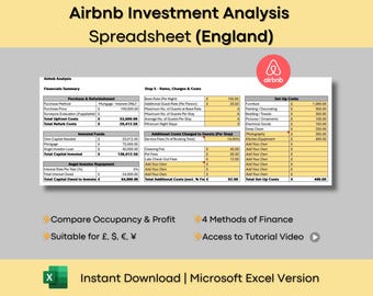 Hoja de cálculo para análisis de Airbnb, plantilla de Microsoft Excel para Inglaterra / Calculadora de flujo de caja de propiedades