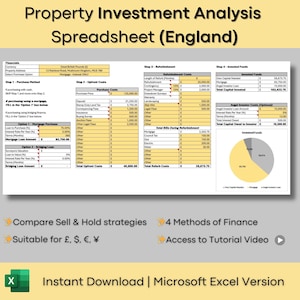 Planilha de Análise de Investimento Imobiliário em Amarelo (Inglaterra): HMO, BRRR, Flips (Microsoft Excel)