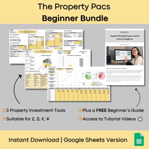 May include: The Property Pacs Beginner Bundle, a digital product for property investment. Includes 3 investment tools, a beginner's guide, and tutorial videos. The bundle is suitable for multiple currencies and is available for instant download.