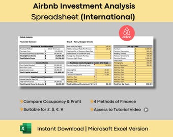 International Airbnb Investment Analysis Spreadsheet in Yellow (Microsoft Excel Version)