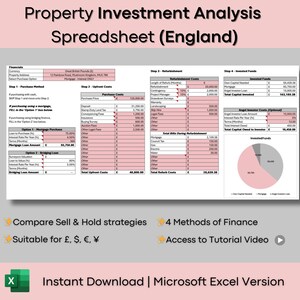 Property Investment Analysis Spreadsheet in Pink (England): HMO, BRRR, Flips (Microsoft Excel)