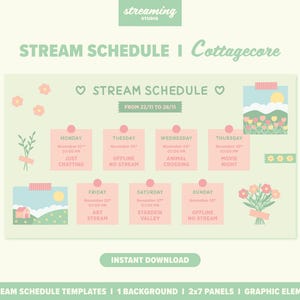 Peut inclure: Un modèle de planning de diffusion en direct sur le thème du cottagecore avec un fond vert pastel et des notes adhésives roses. Les notes indiquent les jours de la semaine, les dates et les sujets de diffusion, tels que "Simplement discuter", "Animal Crossing" et "Soirée cinéma".