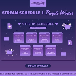 Peut inclure: Modèle de planning de diffusion en violet et blanc sur le thème de l'hiver violet. Le modèle comprend un calendrier avec les dates et les heures de chaque jour de la semaine, ainsi qu'une description de la diffusion pour chaque jour. Le modèle comprend également une icône de dossier, une icône d'étoile et une icône de croissant de lune.