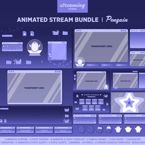 Peut inclure: Un ensemble de flux animé violet et bleu sur le thème du pingouin. L'ensemble comprend des écrans animés, des écrans statiques, des superpositions, des cadres de caméra, des boîtes de chat, des badges d'abonné, des alertes, des bannières, des panneaux et des modèles de planning de flux. L'ensemble comprend également des décorations bonus.