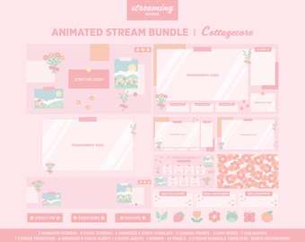 Pacchetto di sovrapposizione streaming Cottagecore rosa animato (download digitale)