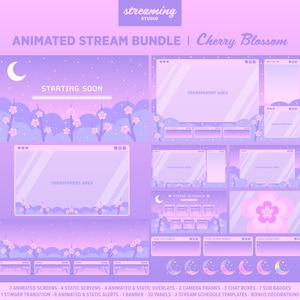 Animated Stream Overlay Package, Cherry Blossom, Twitch Bundle, Sakura, Pastel Aesthetic, Kawaii, Pink, Lilac, Purple, Retro Computer, Lofi