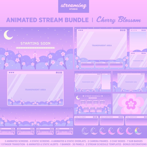 Animated Stream Overlay Package, Cherry Blossom, Twitch Bundle, Sakura, Pastel Aesthetic, Kawaii, Pink, Lilac, Purple, Retro Computer, Lofi