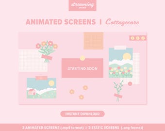 Schermate animate Pink Cottagecore per Twitch, sovrapposizione di streaming (download digitale)