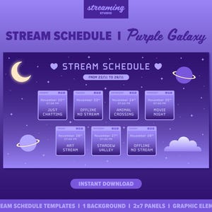 Stream Schedule Templates, Purple Galaxy, Twitch, Youtube, Customizable, Weekly Planning, Vtuber, streamer, Cosmic, Moon, Stars