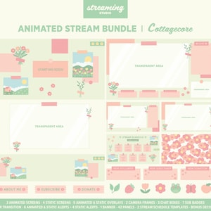 May include: A cottagecore-themed animated stream bundle for Twitch or YouTube. The bundle includes animated screens, static screens, overlays, camera frames, chat boxes, sub badges, a stinger transition, animated and static alerts, a banner, panels, and stream schedule templates. The graphics feature a pink and green color scheme with floral and cottage-themed illustrations.