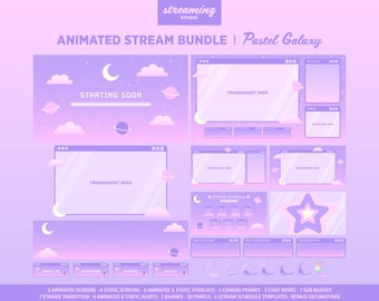 Pacchetto di overlay per streaming Twitch animati Pastel Galaxy (download digitale)