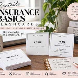 May include: A set of printable insurance basics flashcards featuring white cards with black text. The cards display terms like Insurance and Peril with definitions and study prompts. The set includes a stack of cards and two individual cards displayed.