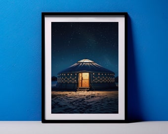 Mongolian Yurt Starry Sky Blue Poster | Nomadic Home Art | Adventure Theme | Cultural Inspiration | Nighttime Landscape