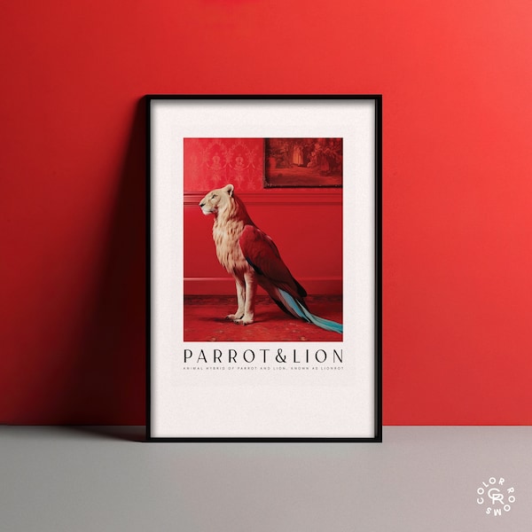 Lionrot Animal Hybrid of Parrot and Lion | Red Room Decor | Printable | Lion Art Print | Parrot Poster | Red Trendy Aesthetic Wall Poster