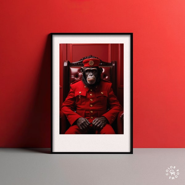 Chimpanzee Chauffeur • Red Room Snapshot Poster • Eclectic Animal Art Print for Living Room Decor • Digital Download Art