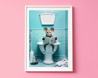 Funny Mouse Toilet Art Print • Newspaper Time Blue Room Decor Bathroom Art Quirky Wall Art • Kids Room Art