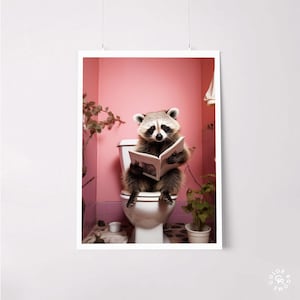 Raccoon Pink News Break • Humorous Toilet Art Print • Whimsical Animal Bathroom Decor • Funny Print for Kids Bathroom • Printable Art