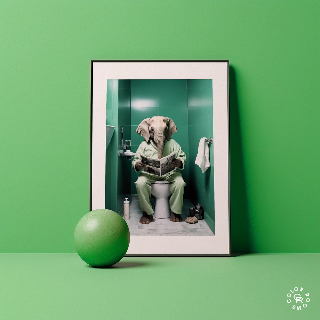 Elephant in Green Room Newspaper Toilet Art Modern Bathroom Decor With