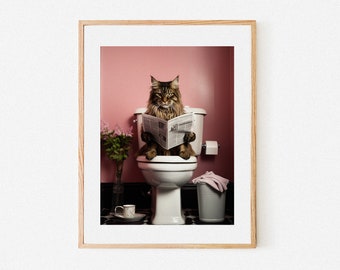 Maine Coons Red News Time Toilet • Whimsical Animal Art • Funny Bathroom Print in Red • Bathroom Decor