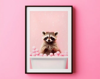 Playful Raccoon Bubble Frolic • Bathroom Decor Pink Art Animal Art Print Kids Bathroom Art Whimsical Wall • Nursery Art
