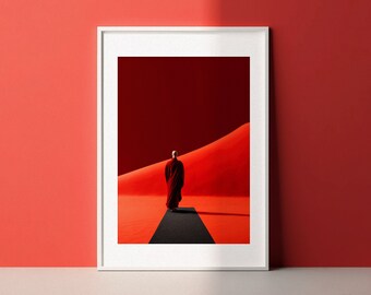 Reflective Walk of Zen Monk • Red Art Print Spiritual Art Zen Art Eclectic Art Minimalist Art Asian Art Print • Fine Art Print