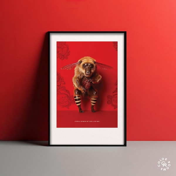 LIONBEE Animal Hybrid of Lion and Bee | Red Room Printable | Lion Posters | Bee Art | Red Prints | Art Gallery Poster