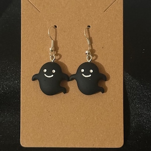 Cute Black Ghost Earrings | Kawaii Halloween Dangle Earrings | Spooky Season Jewelry | Polymer Clay Ghosts | Ready to Gift
