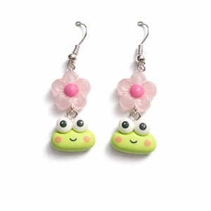 Kawaii Frog & Flower Dangle Earrings | Hello Kitty Inspired Keroppi Style | Cute Polymer Clay Earrings | Hypoallergenic Hooks | Gift for Her