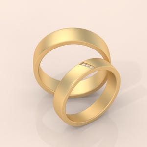 Minimalist Gold Couple Rings Set with Diamond Accent – Matte Finish Matching Wedding Bands for Him and Her