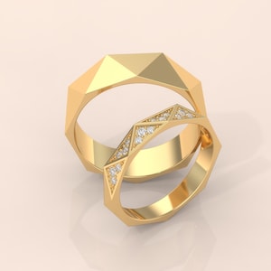 Geometric Gold Couple Rings – Faceted Design with Diamond Accents, Modern Wedding Bands for Him & Her