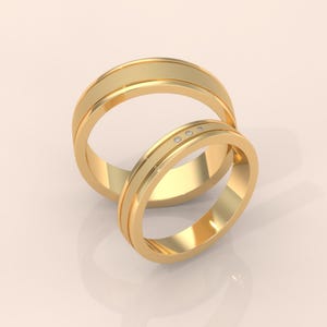 Gold Wedding Band Set - His and Hers Matching Rings with Diamond Accents, Elegant Couple Rings