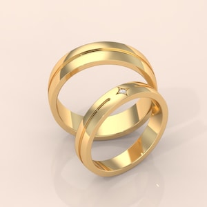 Classic Gold Couple Rings with Star Diamond Accent – Matching Wedding Bands for Him and Her – Unique Engagement or Anniversary Gift