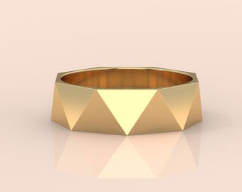 Anillo geométrico facetado de oro para hombre – Moderna banda poligonal en oro amarillo de 18 quilates – Anillo de diseño angular único para él – Joyería minimalista para hombre