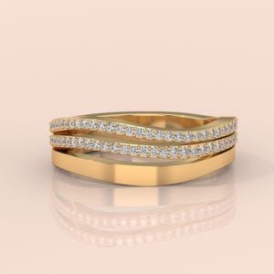Triple Row Moissanite Band Ring,Round Cut White Gold Ring, Dainty Statement Wedding Ring For Her, Elegant Anniversary Fine Ring