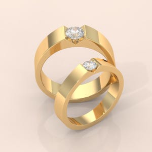 His and Hers Gold Couple Rings with Solitaire Diamond – Matching Wedding Bands for Couples, Engagement or Anniversary Gift