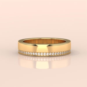 One Side Pave Wedding Band, 14k Gold Minimalist Diamond Marriage Band, Solid Gold Full Eternity Flat Band, Comfort Fit Classic Womens Band