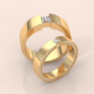 Gold Couple Ring Set with Princess Cut Diamonds – Unique Matching Wedding Bands – His and Hers Rings with Pave Detailing