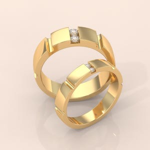 Gold Couple Rings Set with Diamond Accents – Matching His and Hers Wedding Bands – Modern Geometric Design – Anniversary or Engagement Gift