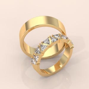 14K Gold Princess Cut Diamond Couple Rings Set – Matching His and Hers Wedding Bands – Elegant Engagement Anniversary Gift Jewelry