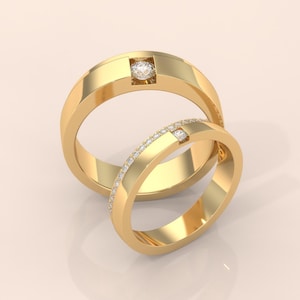 Gold Couple Rings Set with Round Cut Diamonds – Matching Wedding Bands, Modern Engagement Rings, His and Hers Promise Rings