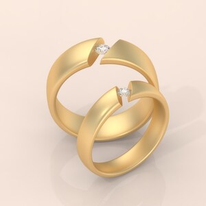 Minimalist Gold Couple Rings with Floating Diamond Design, Unique Wedding Bands, His and Hers Matching Promise Rings, Modern Engagement Set