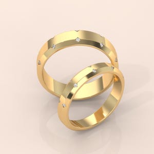 Minimalist Gold Diamond Couple Rings - Matching Wedding Bands, Elegant His & Hers Unisex Promise  Engagement Ring Set