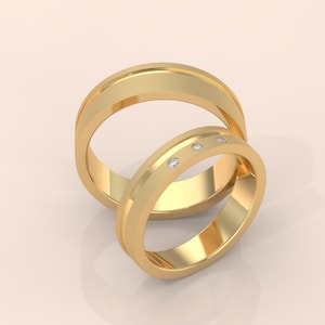 Minimalist Gold Couple Rings Set with Diamond Accents – Matching Wedding Bands for Him and Her – 14K Gold Promise Rings