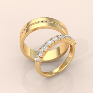 Unique Gold Couple Rings with Diamond Accents – Geometric Stair Design, Modern Wedding Bands