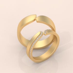Gold Couple Rings with Split Design and Diamond Accents | Unique Matching Wedding Bands | 14K His and Hers Engagement Ring Set