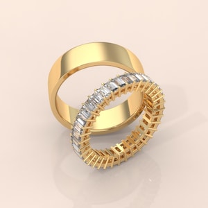Gold Couple Rings Set – Classic Plain Band and Diamond Eternity Ring, Elegant Wedding Bands for Him & Her
