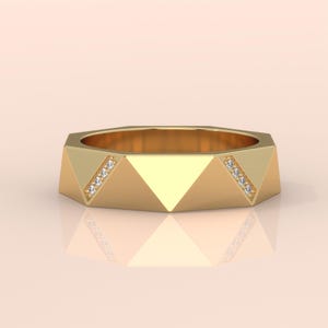 Geometrischer Herren Goldring mit Diamant Akzente Einzigartige Facettierte Ehering Moderne 14K Gelbgold Ring Stilvoller Verlobungsring für Ihn